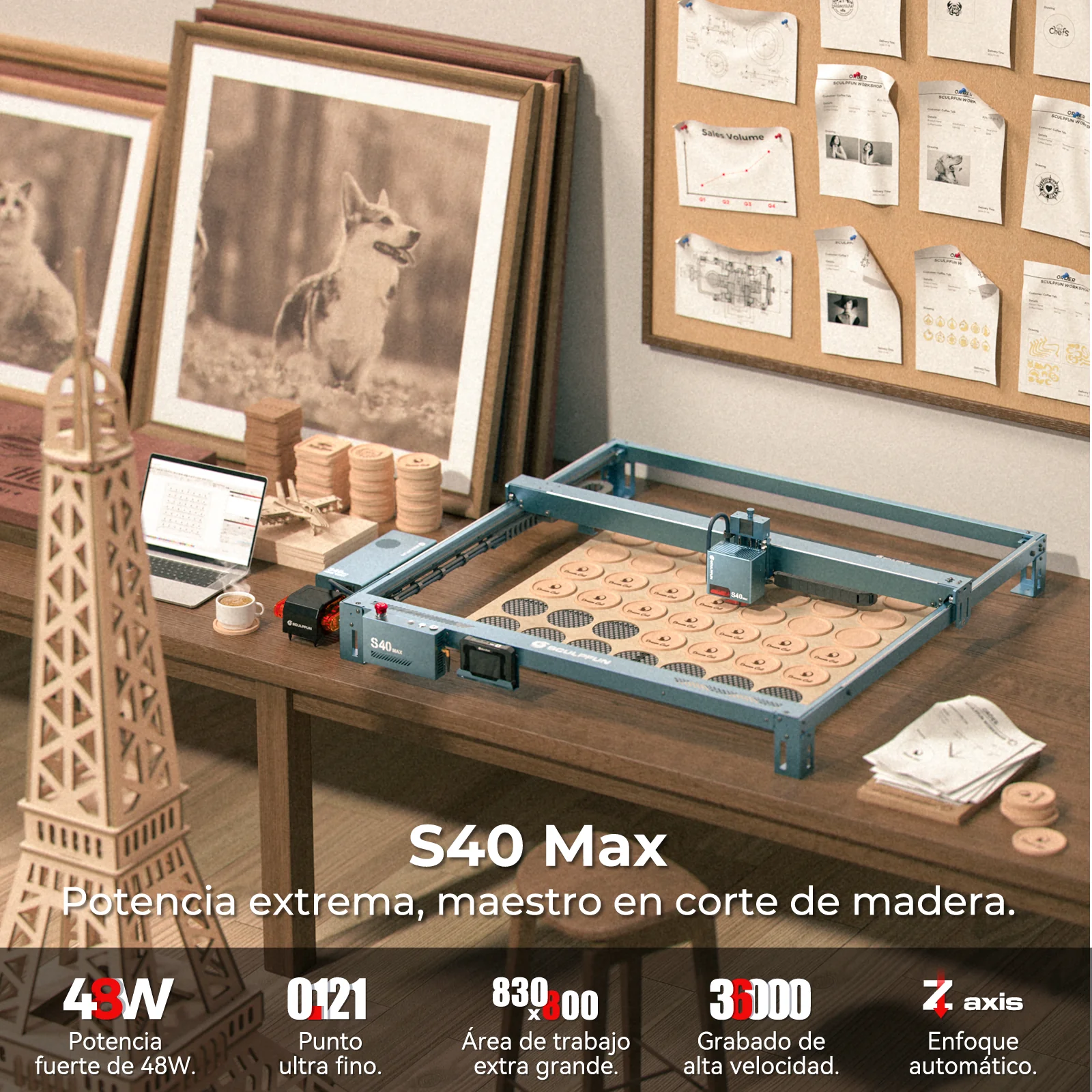SCULPFUN S40 MAX 48W Máquina Láser – Corta y Graba (830x800mm) | Enfoque Automático - Image 10