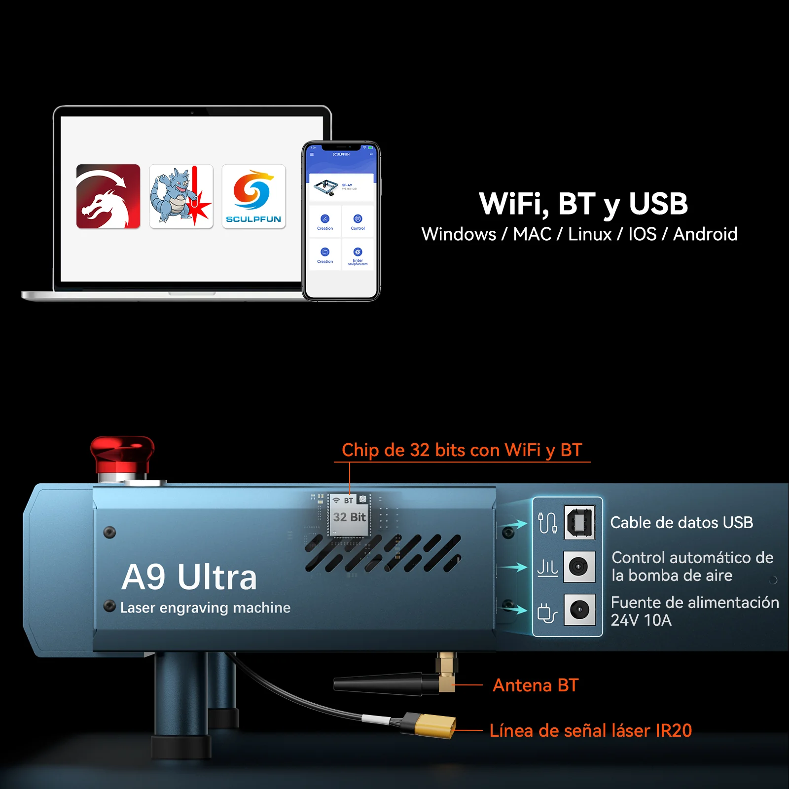 SCULPFUN A9 Ultra Máquina Láser 2-en-1 de 20W Fibra y 40W Diodo para Grabado de Metales y No Metales - Image 8